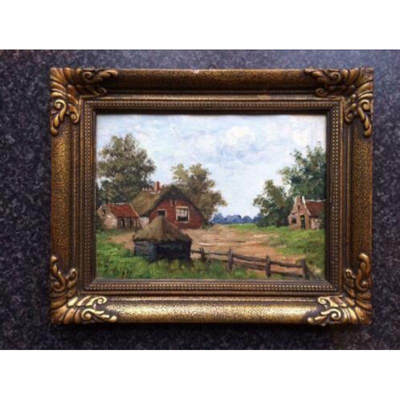 Gesigneerd oud olieverf schilderij klassiek boerderij