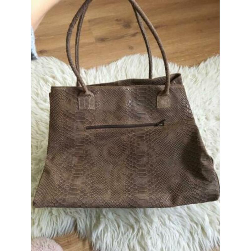 Nieuw! Leren tas met slangenprint, bruin/taupe