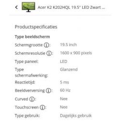 Acer K202HQL 19.5 inch PC scherm in zeer goede staat.